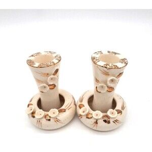 Vtg Tilso 1950s Handpainted Pair of 3.5" White Gold Candleholders Raised Flowers